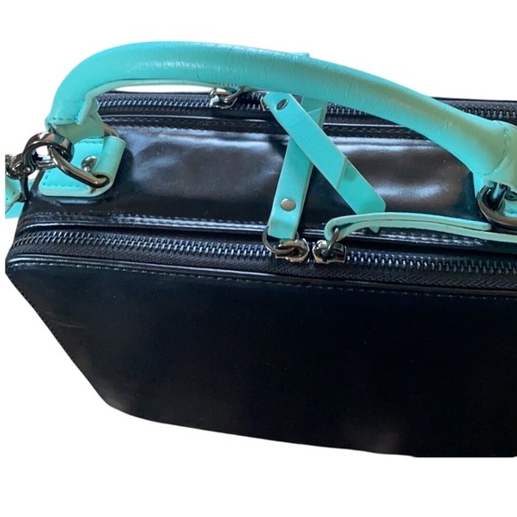 Leather Crossbody Bag Purse Black Blue Top Handle Square‎ Zip - Picture 6 of 14